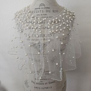 Pearl Embellished Sheer White Cape